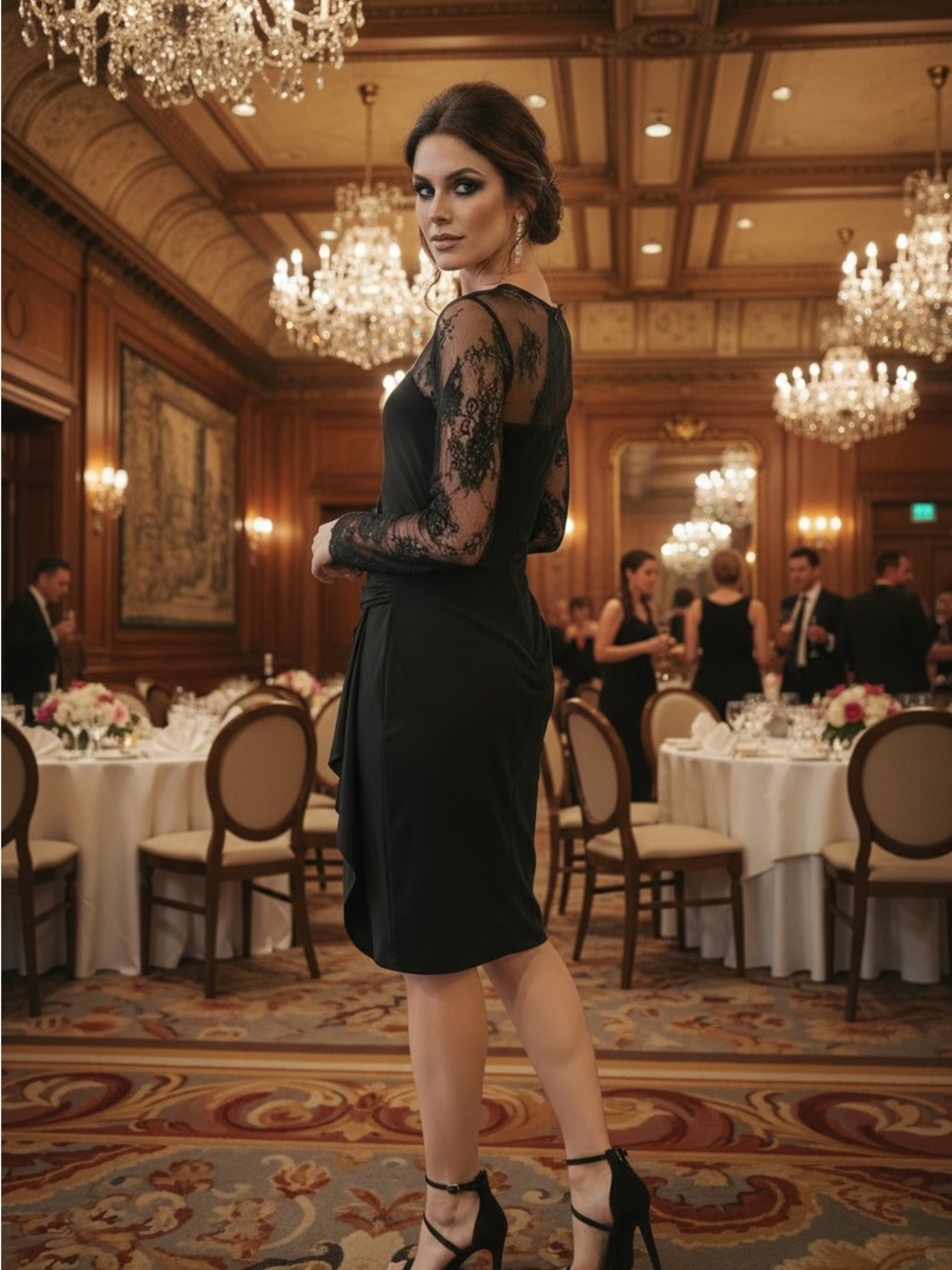 Black Sheer Floral Lace Faux Wrap Dress 8 Ruched Stretchy Cocktail Party Formal - Picture 2 of 16